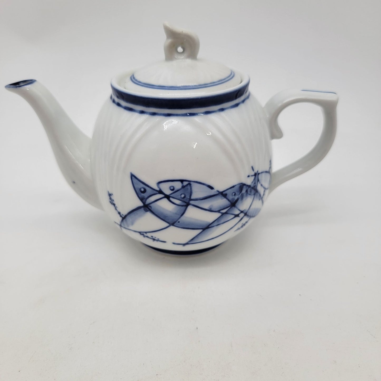 Vintage Porcelain Teapot With Hand-Painted Blue Fish Design & Ornate Lid