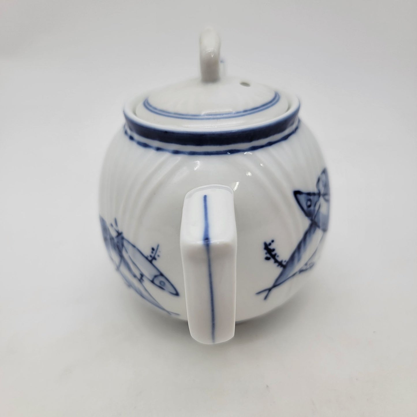 Vintage Porcelain Teapot With Hand-Painted Blue Fish Design & Ornate Lid