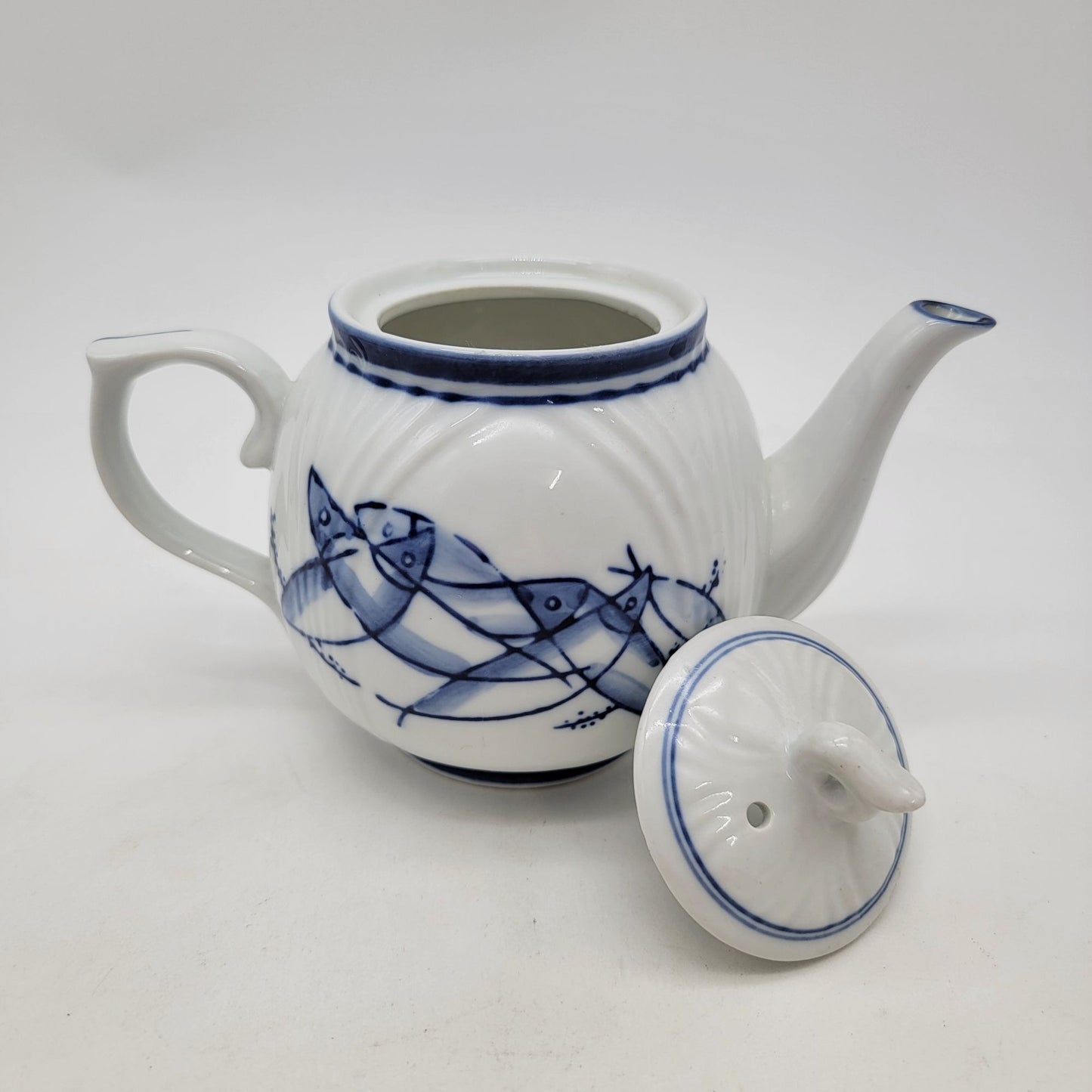 Vintage Porcelain Teapot With Hand-Painted Blue Fish Design & Ornate Lid