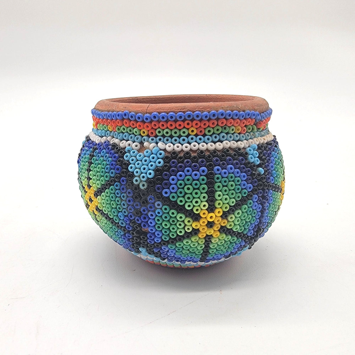 Vintage Huichol Beaded Miniature Terracota Clay Pot