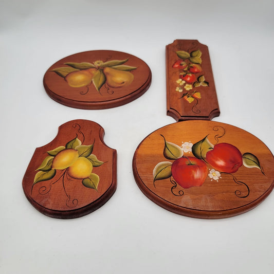 Set Of 4 Vintage Hand-Painted Wooden Wall Plaques With Fruit Designs