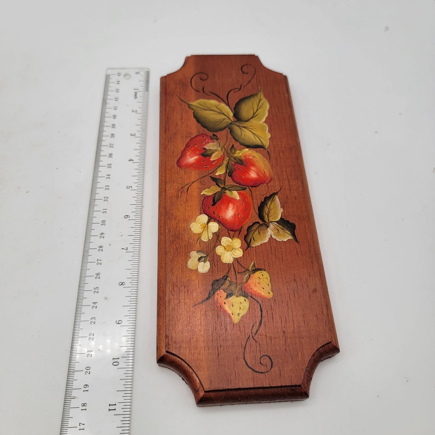 Set Of 4 Vintage Hand-Painted Wooden Wall Plaques With Fruit Designs