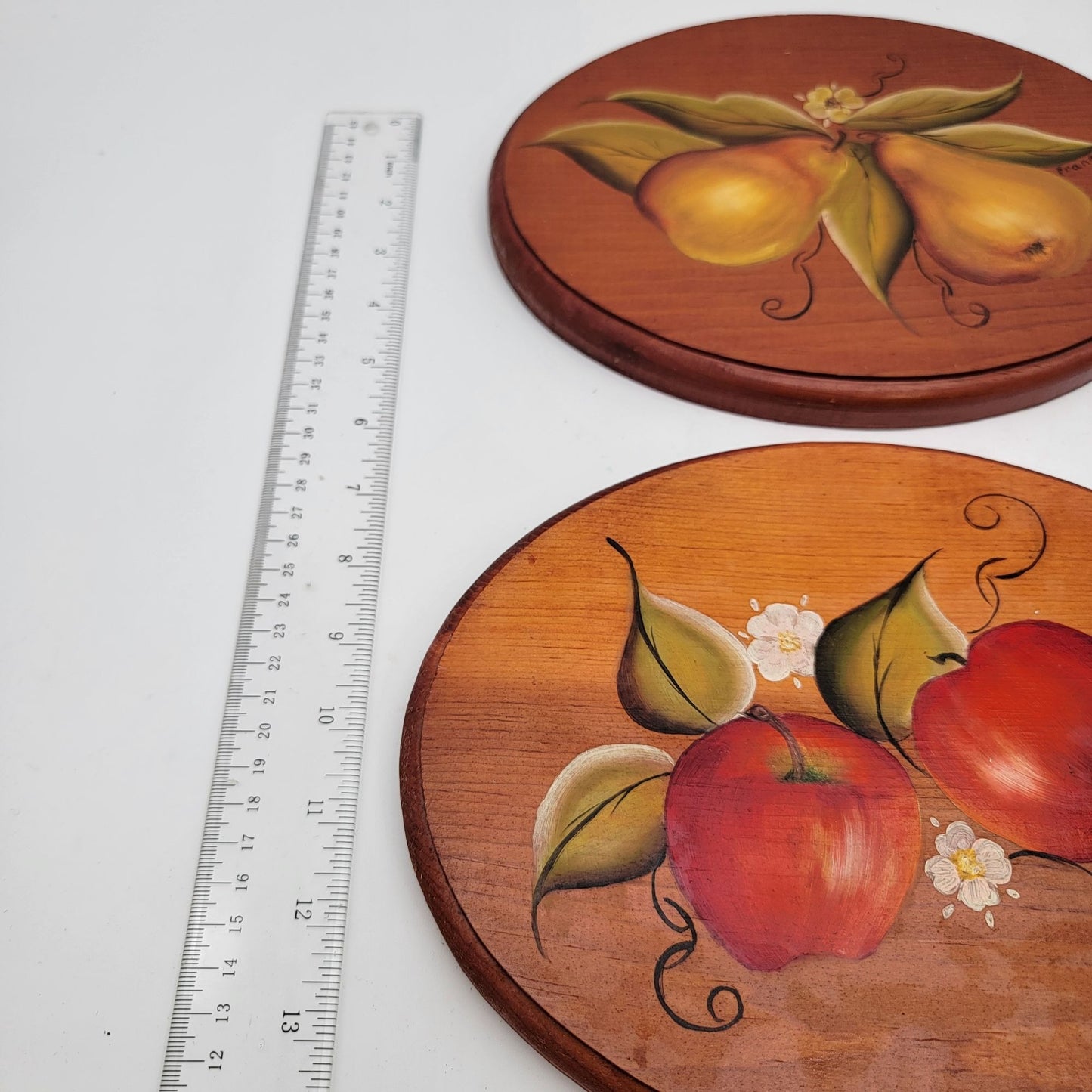 Set Of 4 Vintage Hand-Painted Wooden Wall Plaques With Fruit Designs