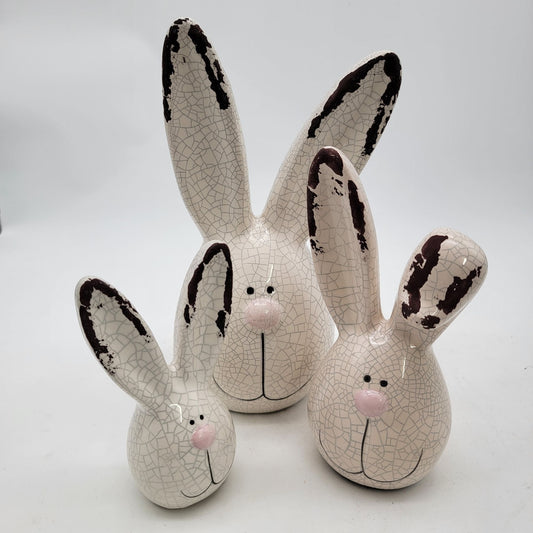 Set of 3 Crackle Glaze Bunny Figurine With Long Ears & Pink Nose