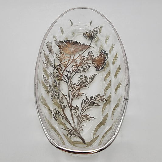 Vintage Silver City Glass Co Flanders Silver Overlay Oval Relish Dish