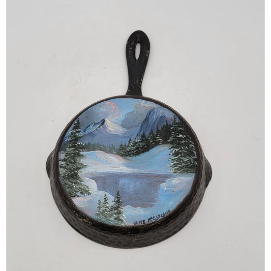 Hand-Painted Vintage Cast Iron Skillet With Winter Scene By June McCasland