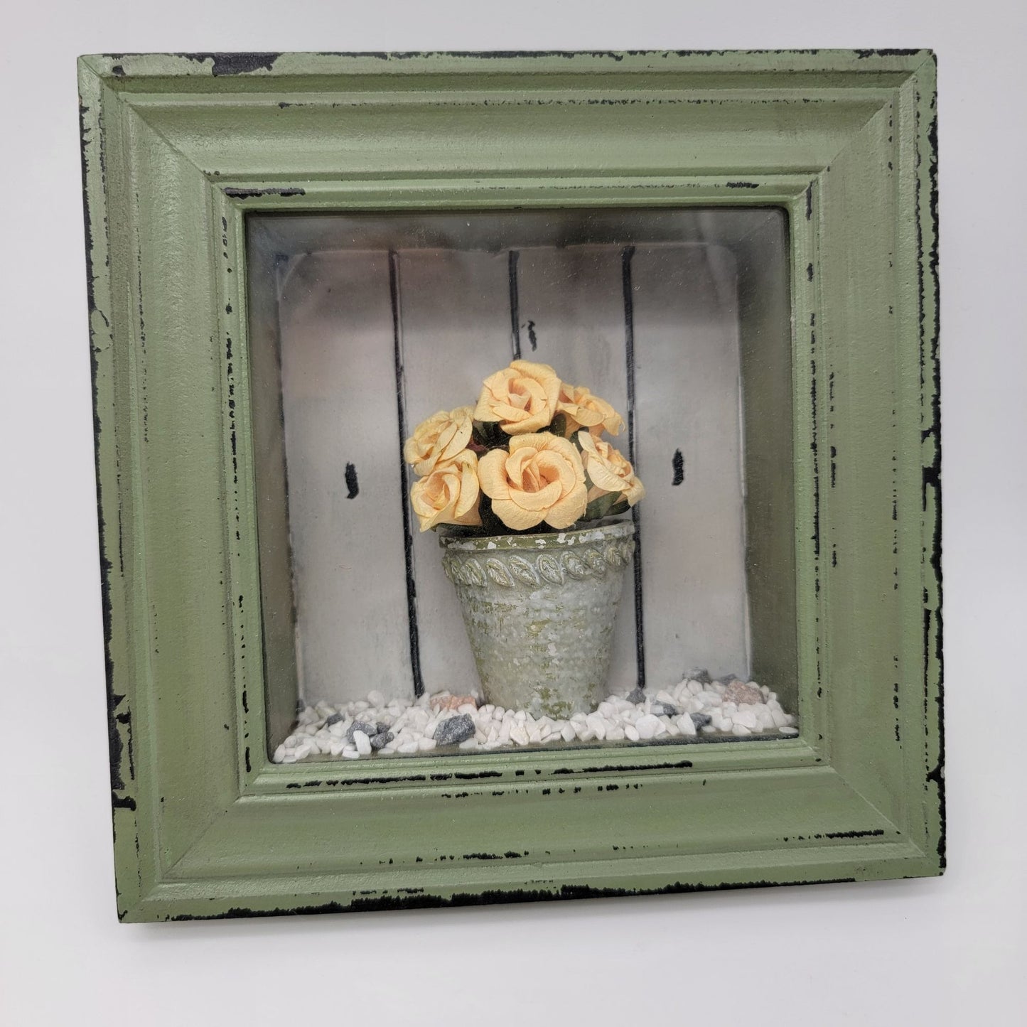 Vintage Dennis East International  Rose In Planter Green Shadowbox Wall Art