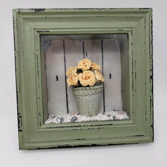 Vintage Dennis East International  Rose In Planter Green Shadowbox Wall Art