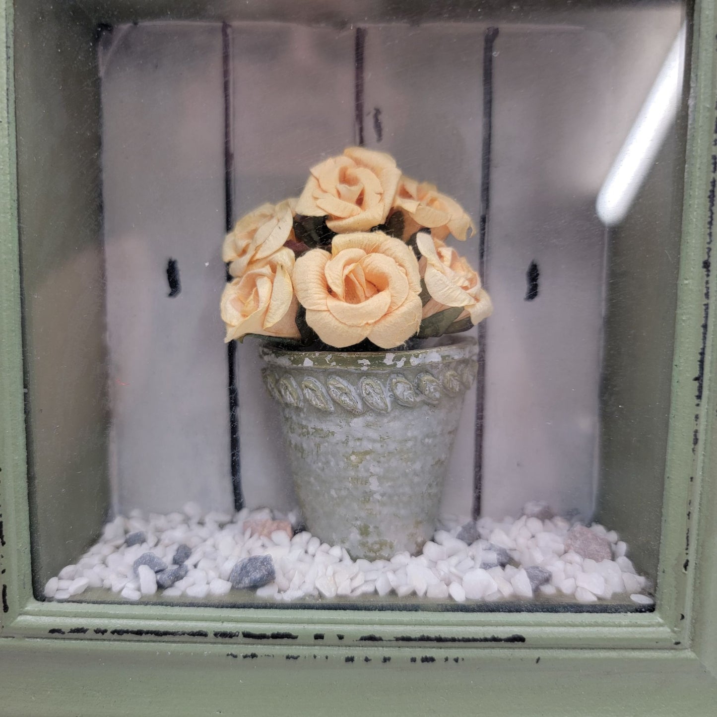 Vintage Dennis East International  Rose In Planter Green Shadowbox Wall Art