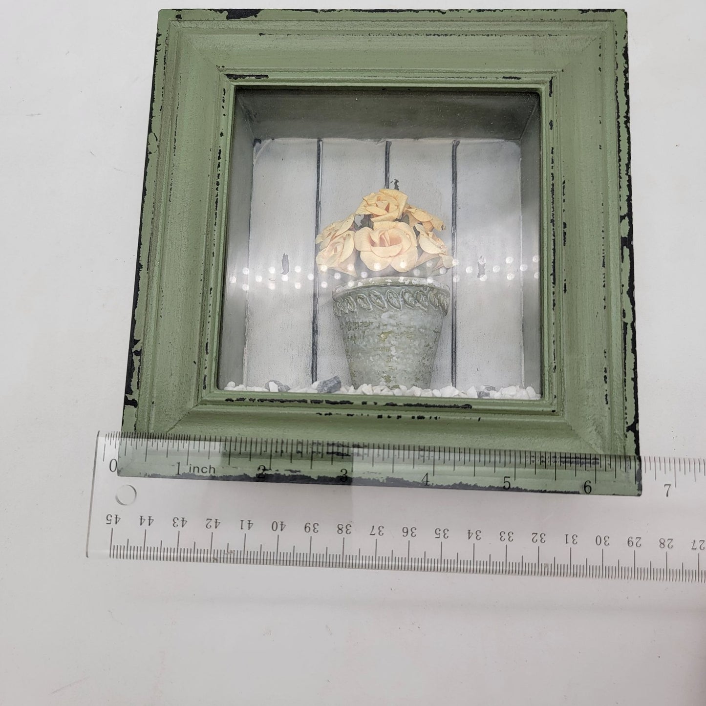 Vintage Dennis East International  Rose In Planter Green Shadowbox Wall Art