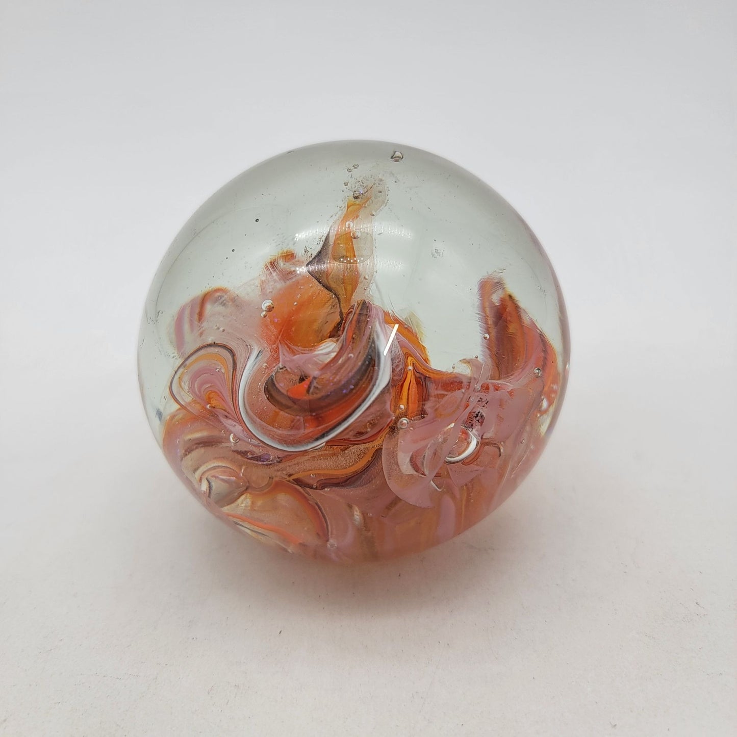 Vintage Signed Art Glass Paperweight With Orange & Red Swirls