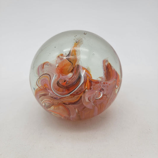 Vintage Signed Art Glass Paperweight With Orange & Red Swirls