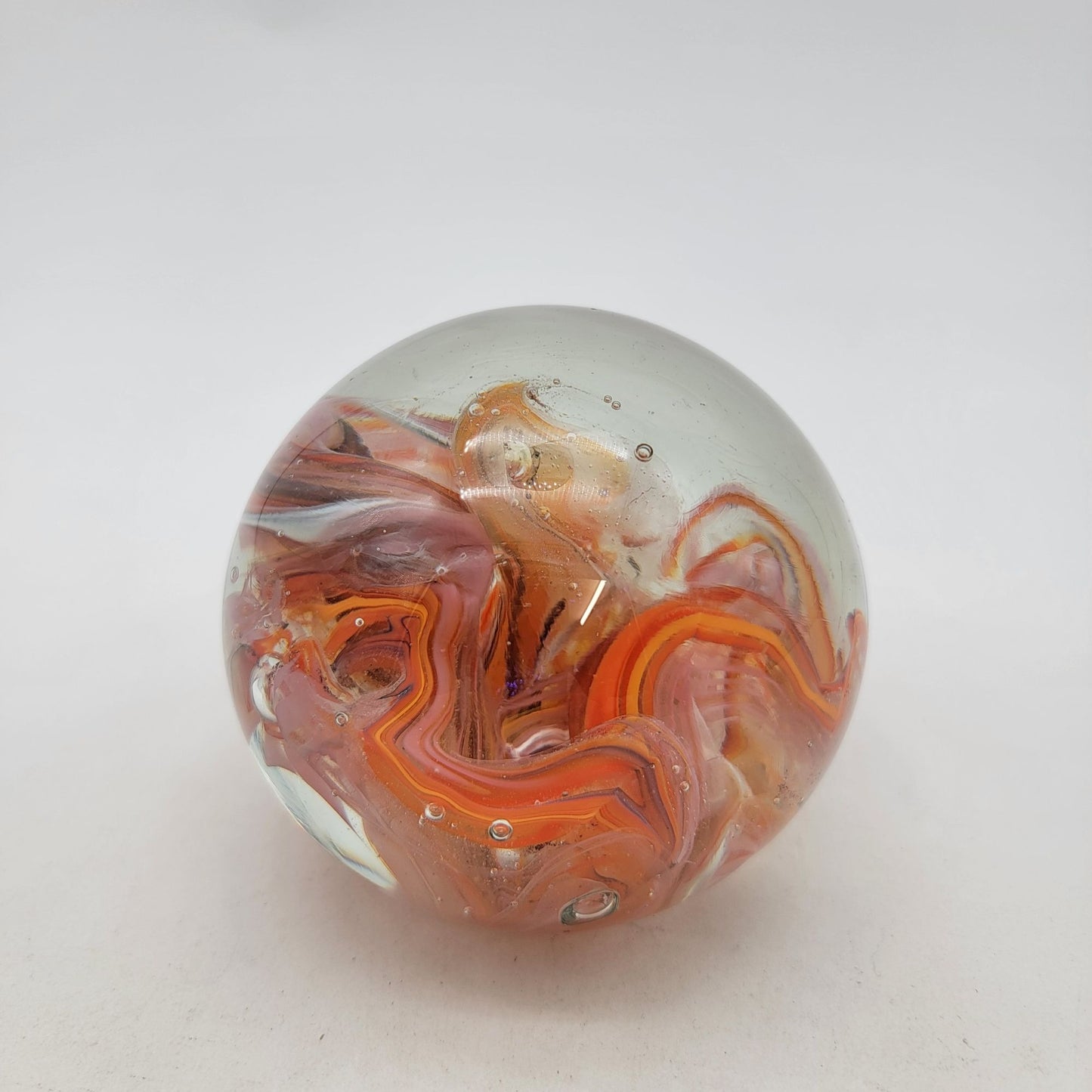 Vintage Signed Art Glass Paperweight With Orange & Red Swirls