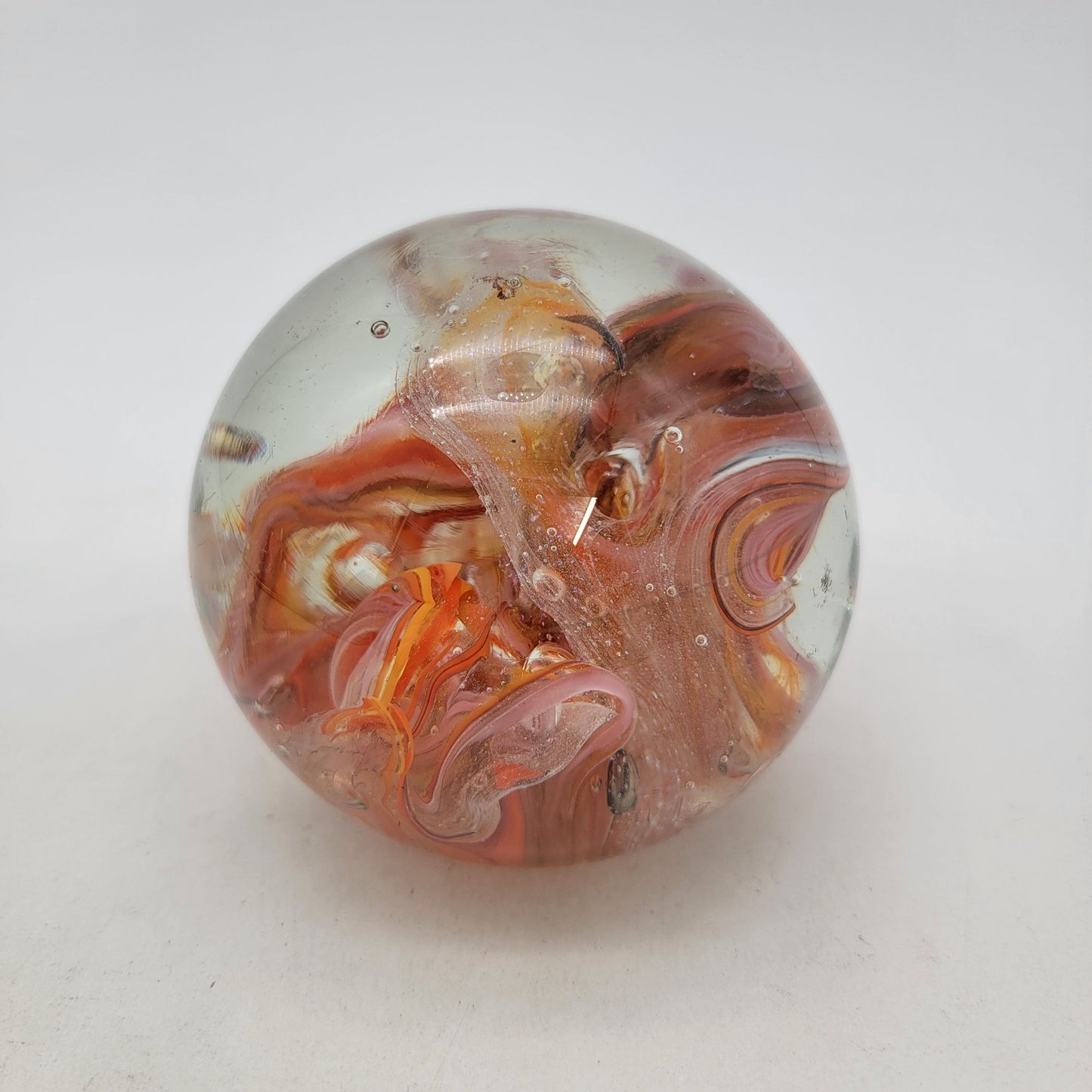 Vintage Signed Art Glass Paperweight With Orange & Red Swirls