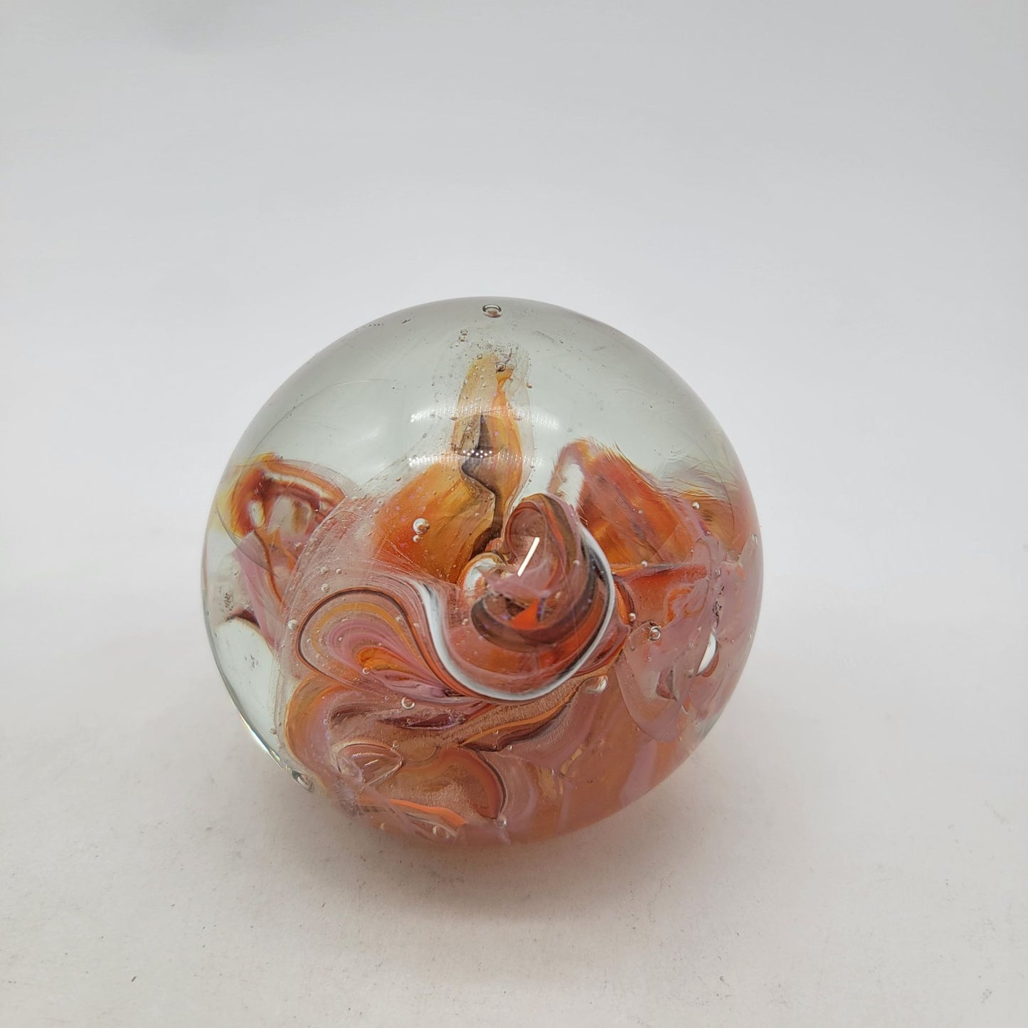 Vintage Signed Art Glass Paperweight With Orange & Red Swirls