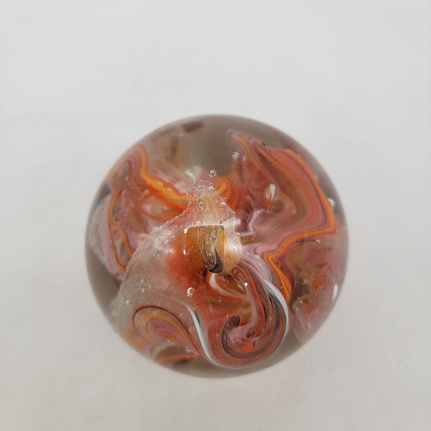Vintage Signed Art Glass Paperweight With Orange & Red Swirls