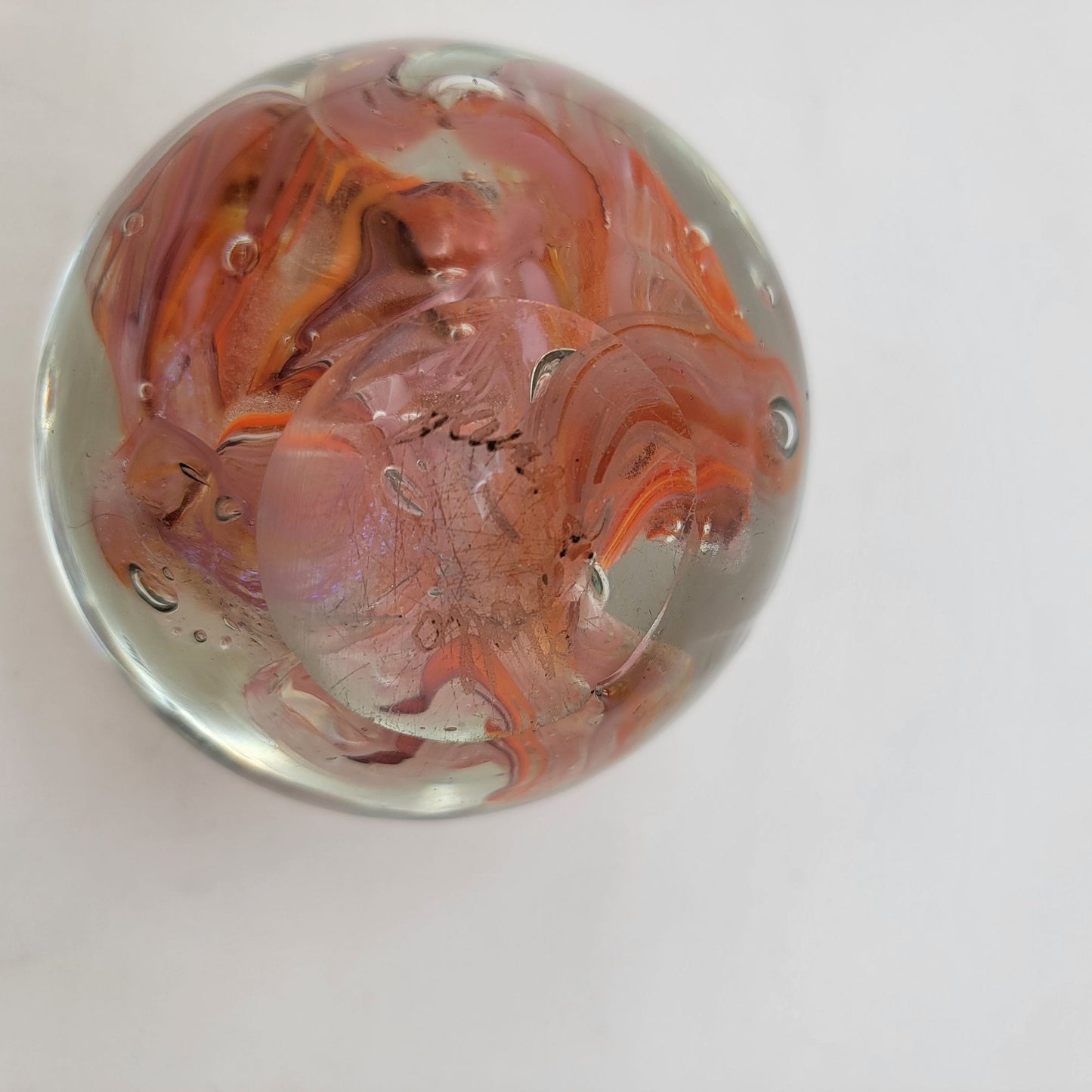 Vintage Signed Art Glass Paperweight With Orange & Red Swirls