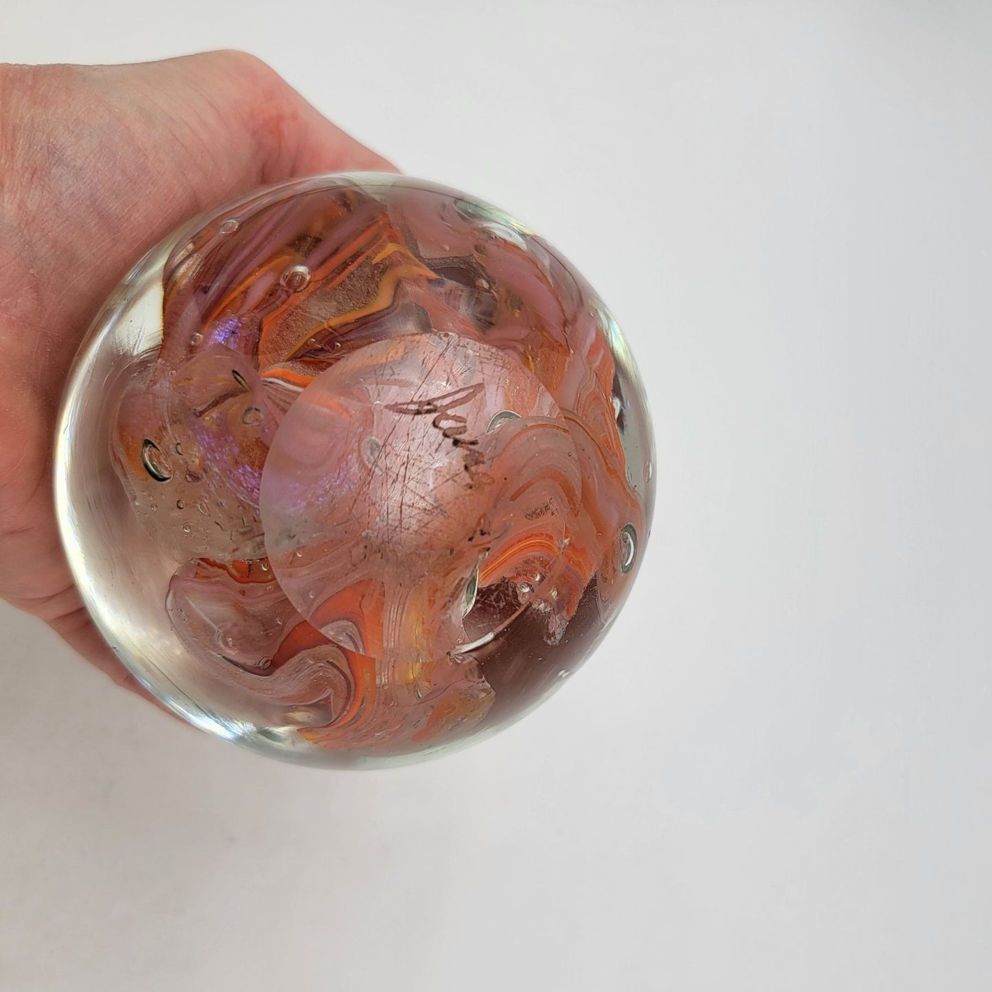 Vintage Signed Art Glass Paperweight With Orange & Red Swirls