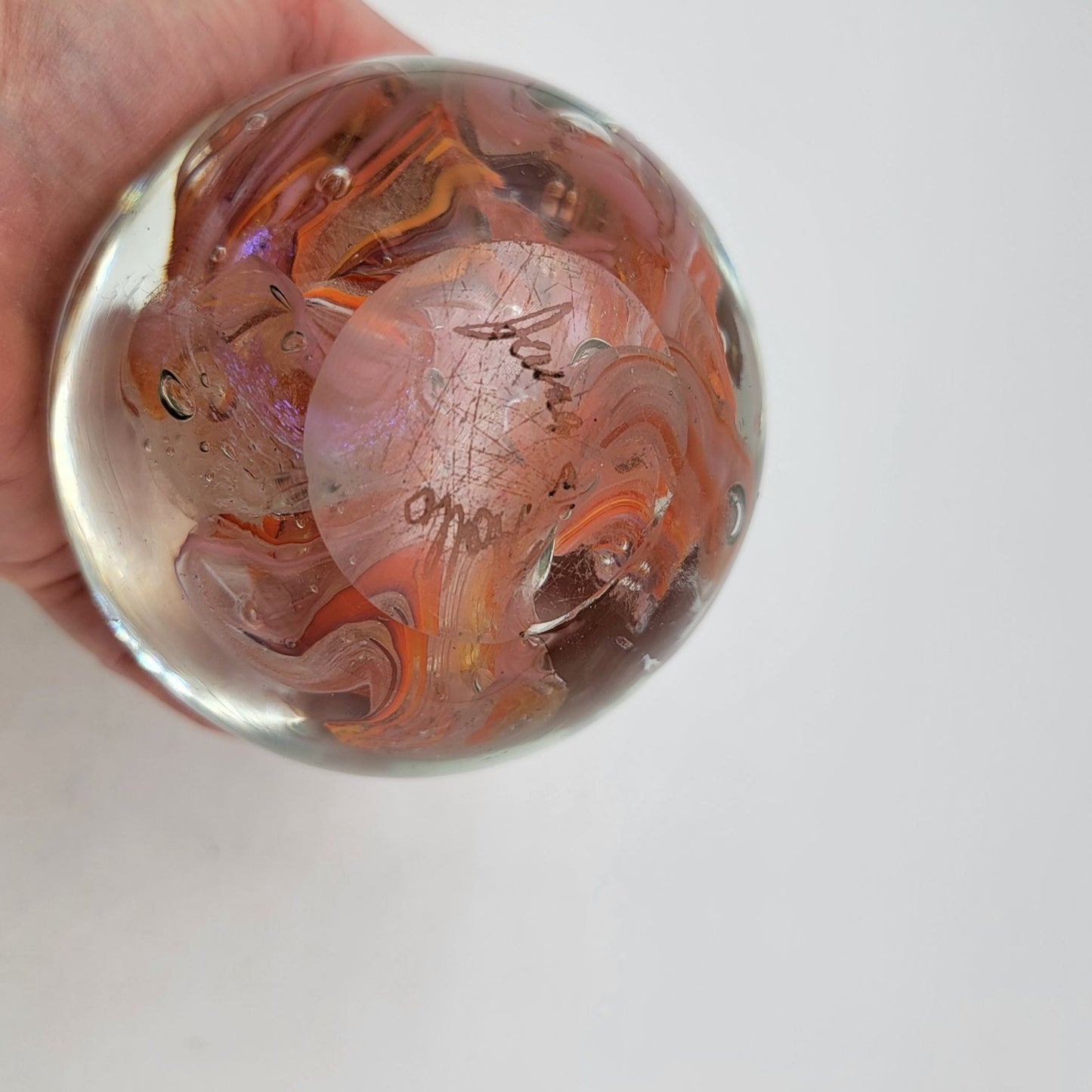 Vintage Signed Art Glass Paperweight With Orange & Red Swirls