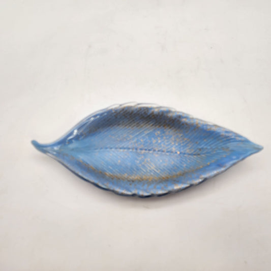 Handblown Vintage Venetian Blue Glass Leaf Dish With Gold Accents
