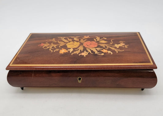 Vintage Italian Sorento Reuge Wooden Footed Floral Music Jewelry Box