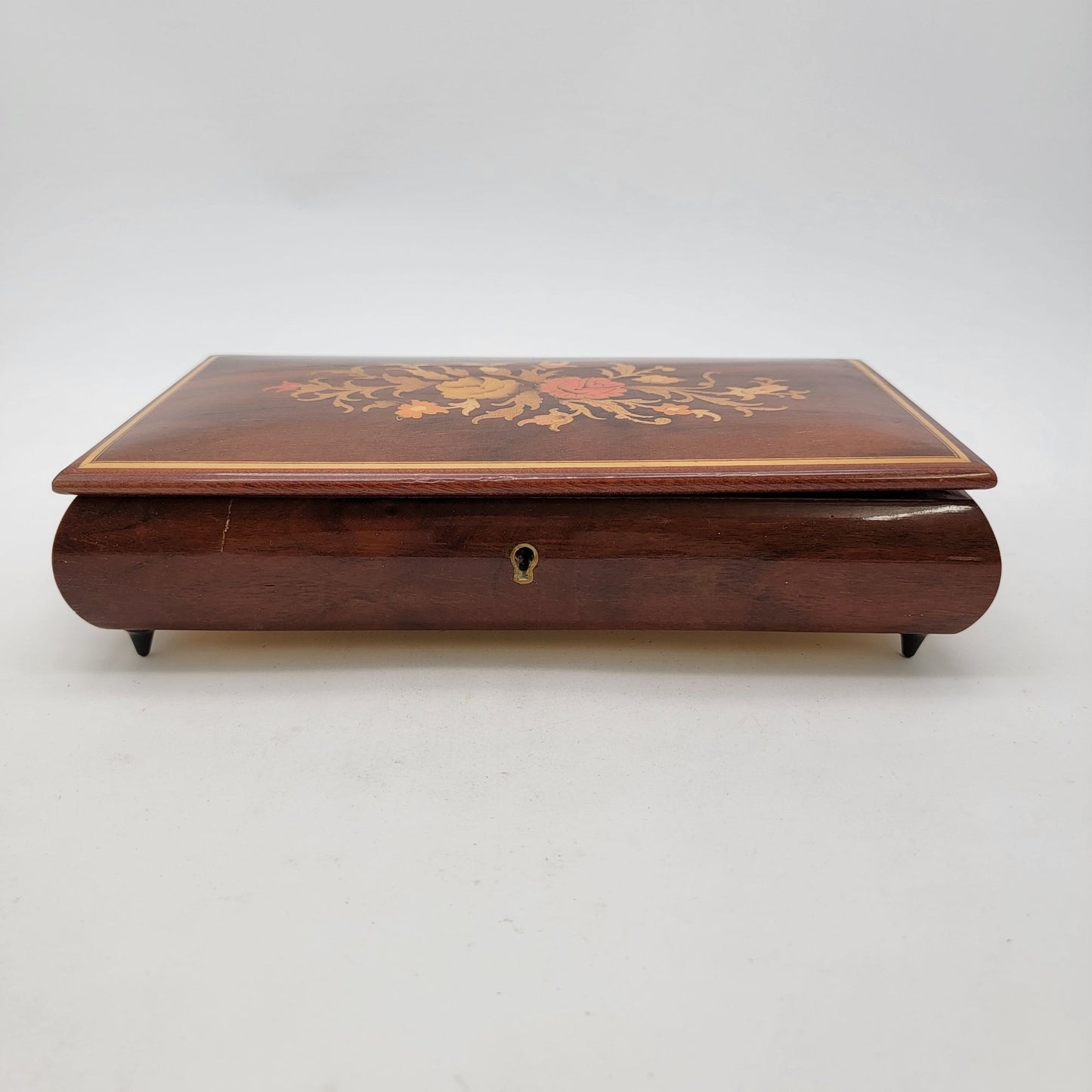 Vintage Italian Sorento Reuge Wooden Footed Floral Music Jewelry Box