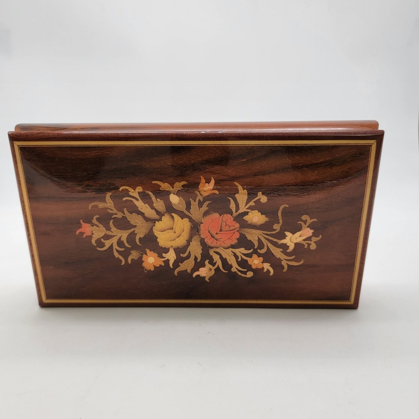 Vintage Italian Sorento Reuge Wooden Footed Floral Music Jewelry Box