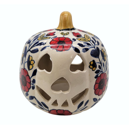 Talavera Style Halloween Pumpkin Jack-O-Lantern White with Red Flowers
