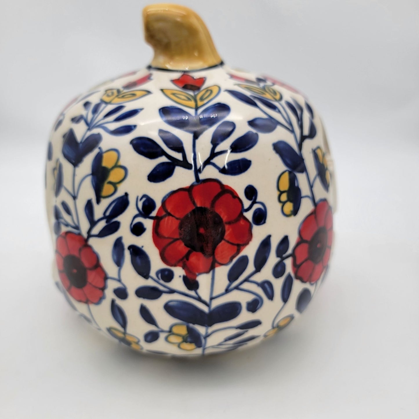 Talavera Style Halloween Pumpkin Jack-O-Lantern White with Red Flowers