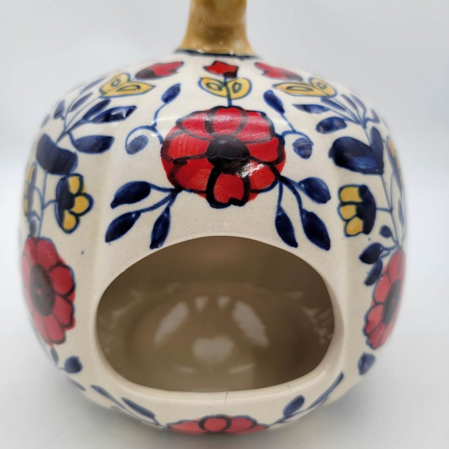 Talavera Style Halloween Pumpkin Jack-O-Lantern White with Red Flowers
