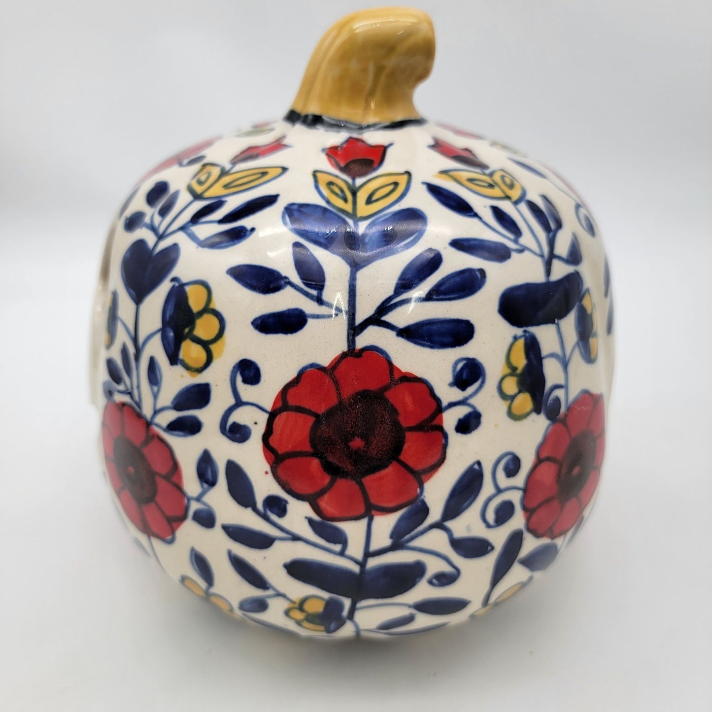 Talavera Style Halloween Pumpkin Jack-O-Lantern White with Red Flowers