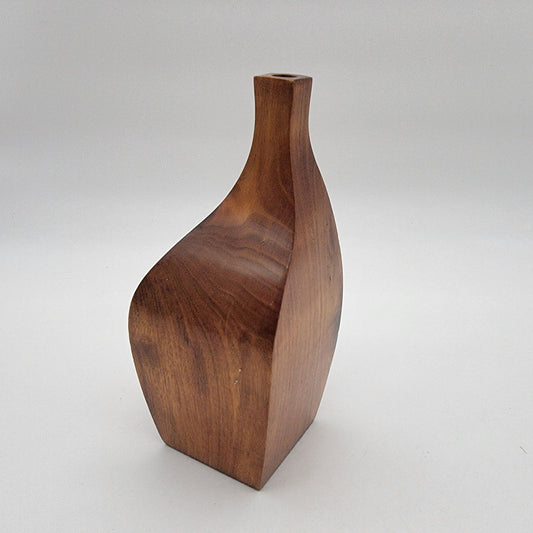Vintage MCM Asymetrical Wood Vase Signed F Nestel