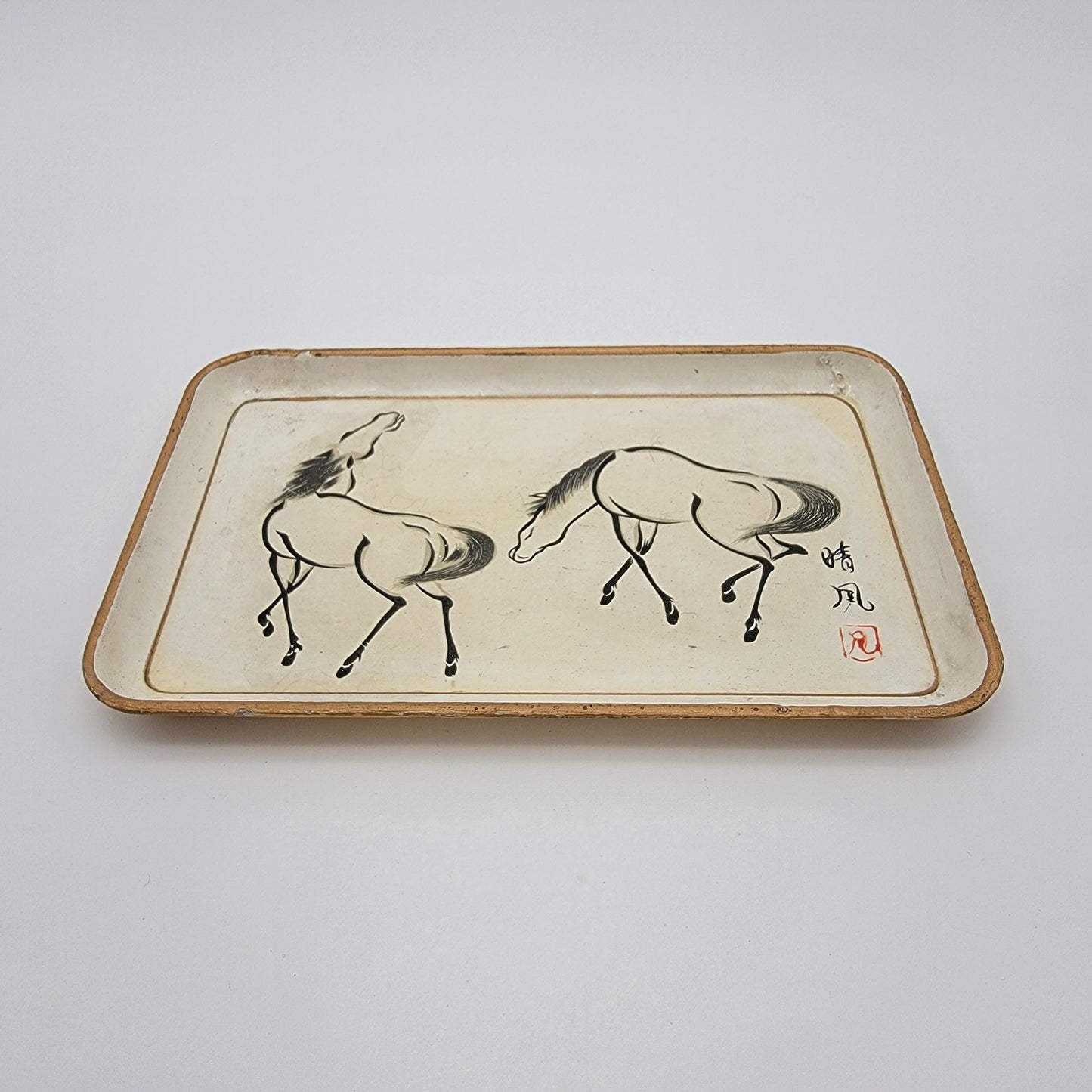 Vintage Signed Urushibara Mokuchu Japanese Horses Print Alcohol Proof Serving Tray