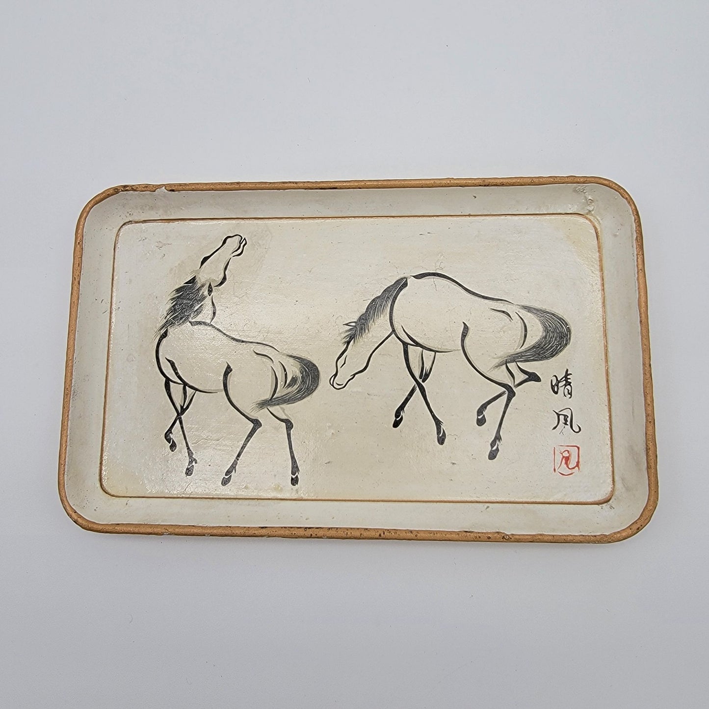 Vintage Signed Urushibara Mokuchu Japanese Horses Print Alcohol Proof Serving Tray