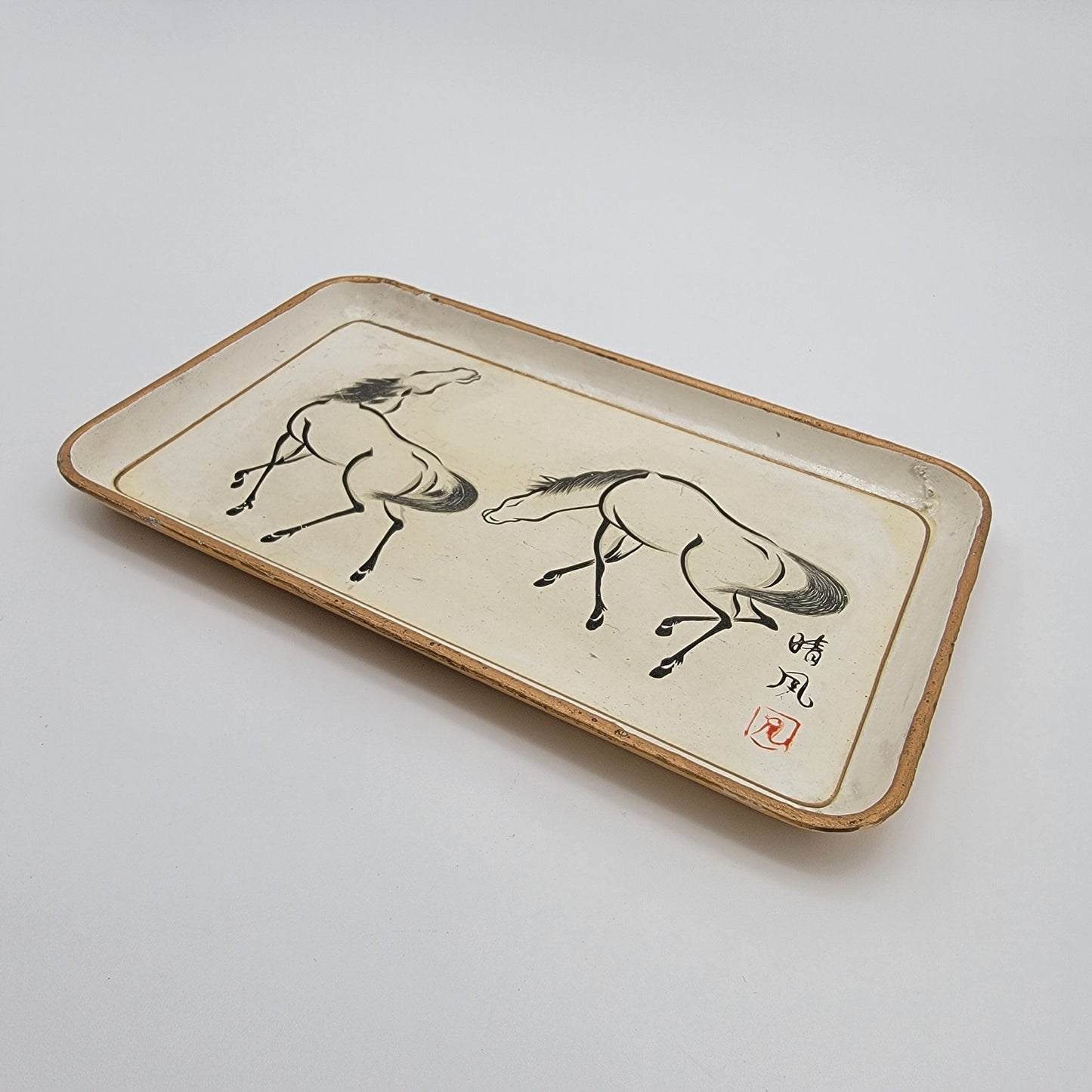 Vintage Signed Urushibara Mokuchu Japanese Horses Print Alcohol Proof Serving Tray