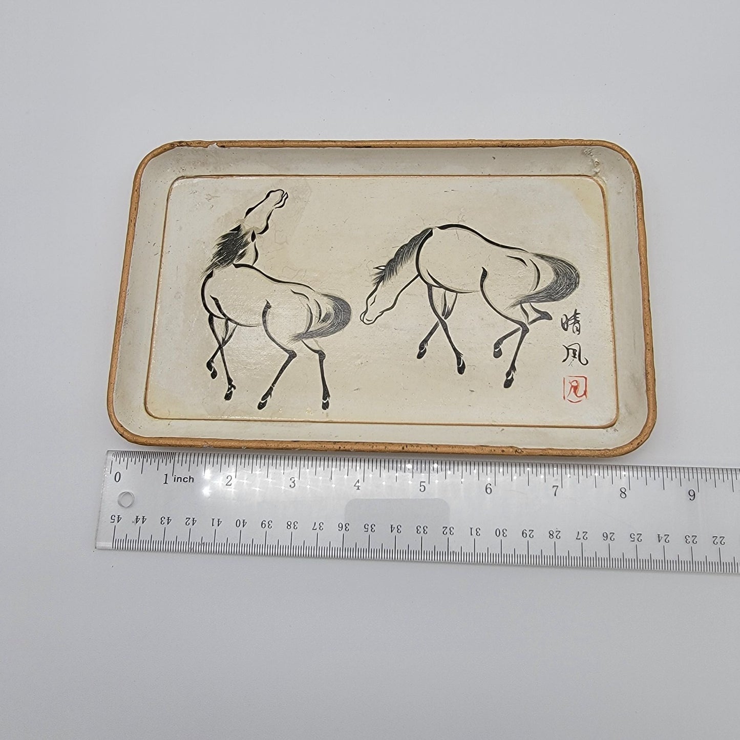Vintage Signed Urushibara Mokuchu Japanese Horses Print Alcohol Proof Serving Tray