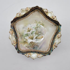 RS Prussia Antique Porcelain Footed Bowl With Lily Design & Gold Accents