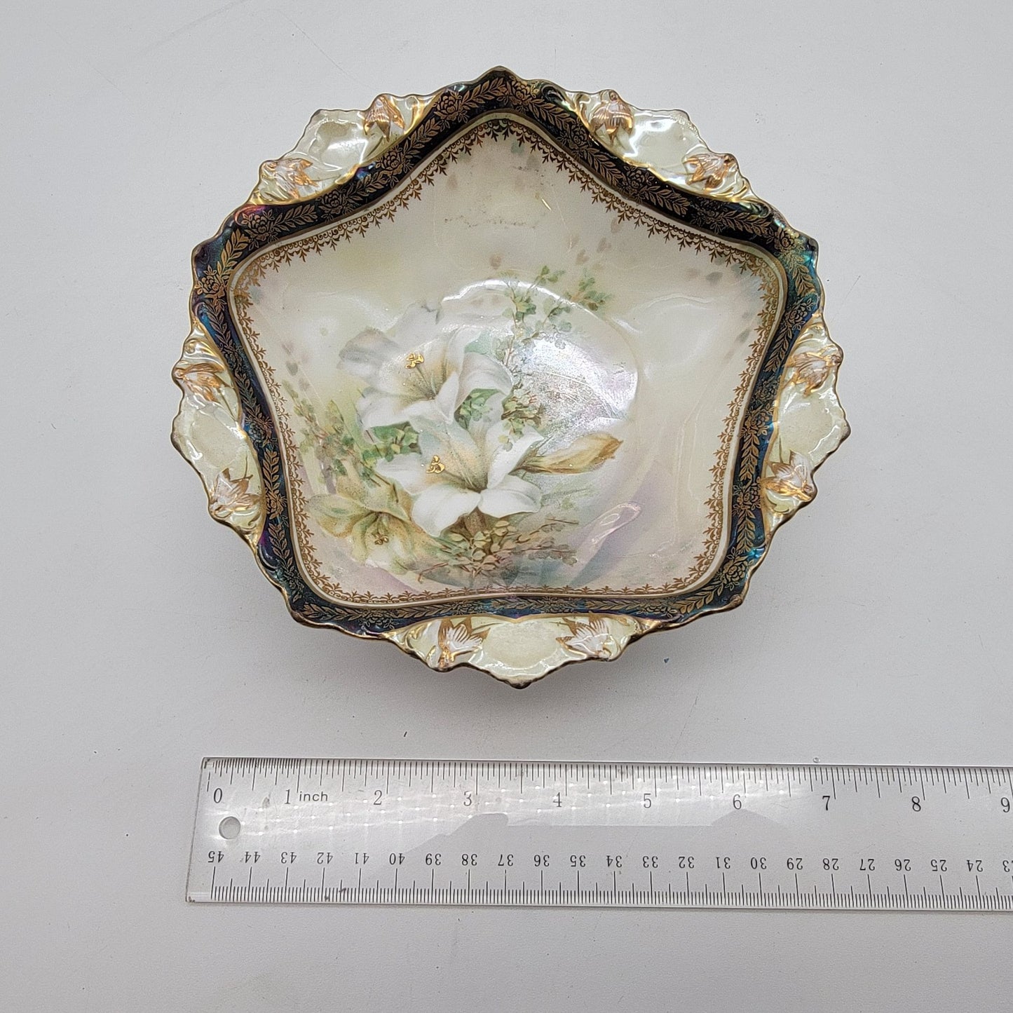 RS Prussia Antique Porcelain Footed Bowl With Lily Design & Gold Accents