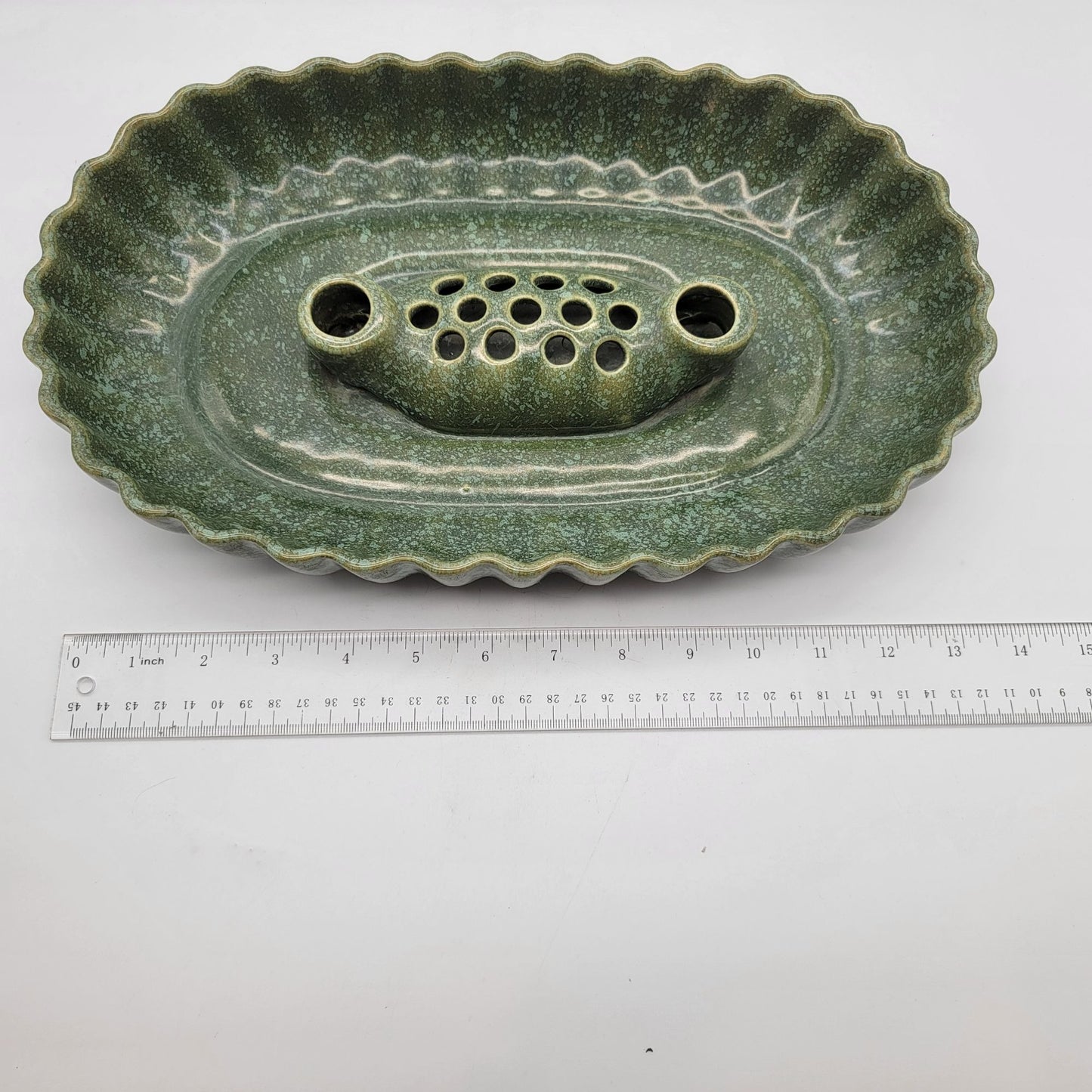Vintage MCM Brush-McCoy Pottery Green Ikebana Console Bowl