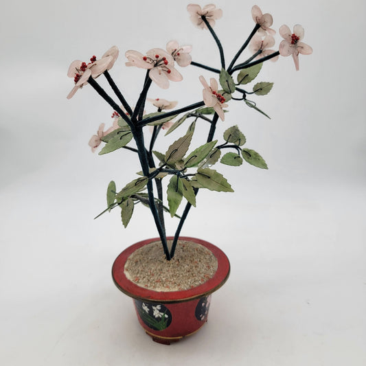 Vintage Gass Bonsai Jade Tree In Red Cloisonne Pot
