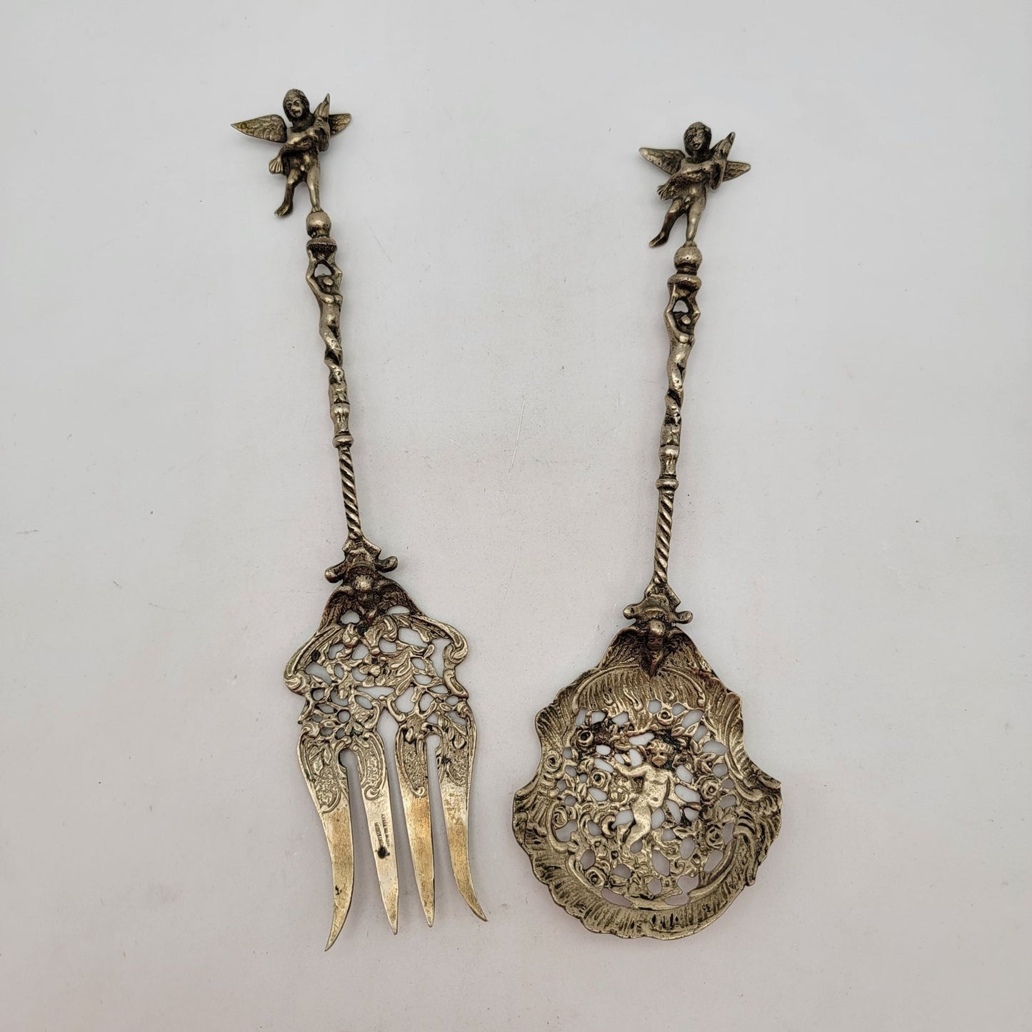 Vintage Ornate Cherub Serving Fork & Spoon Set Made In Italy