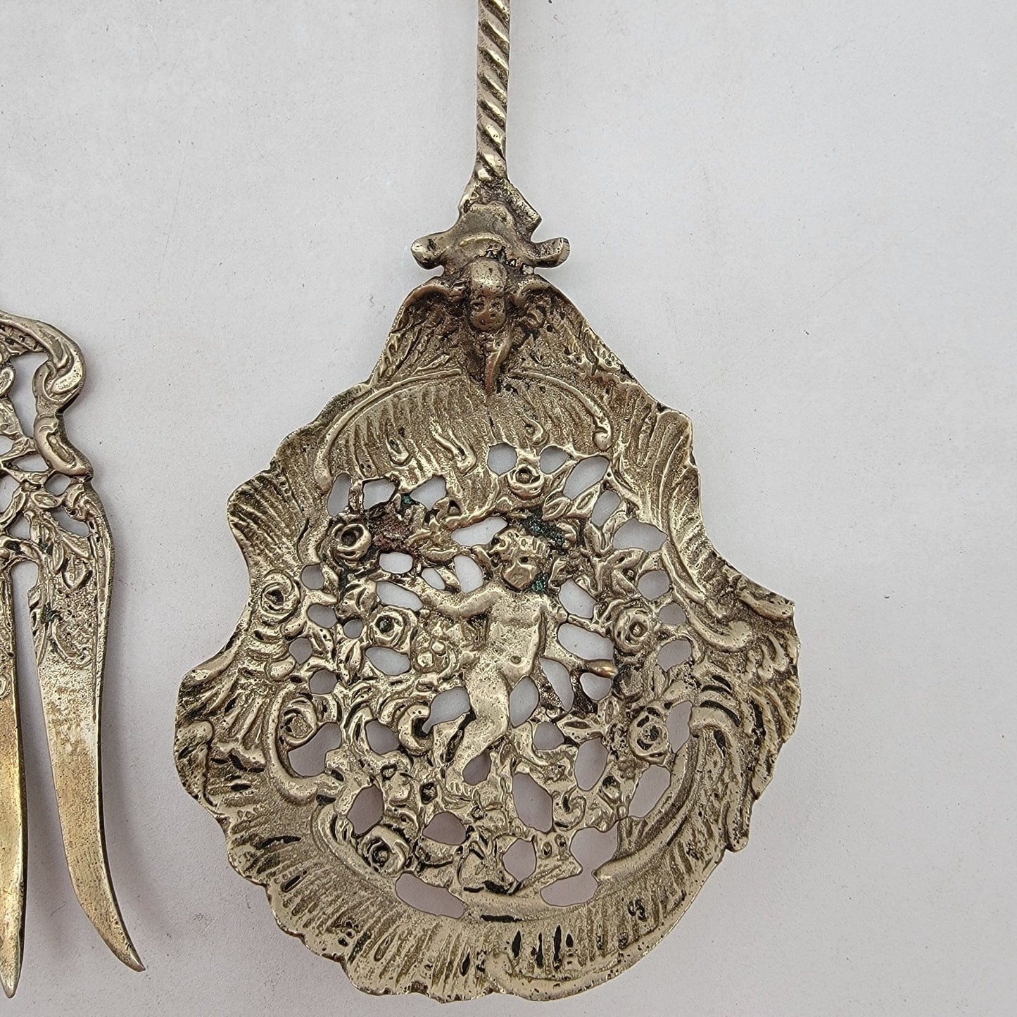 Vintage Ornate Cherub Serving Fork & Spoon Set Made In Italy
