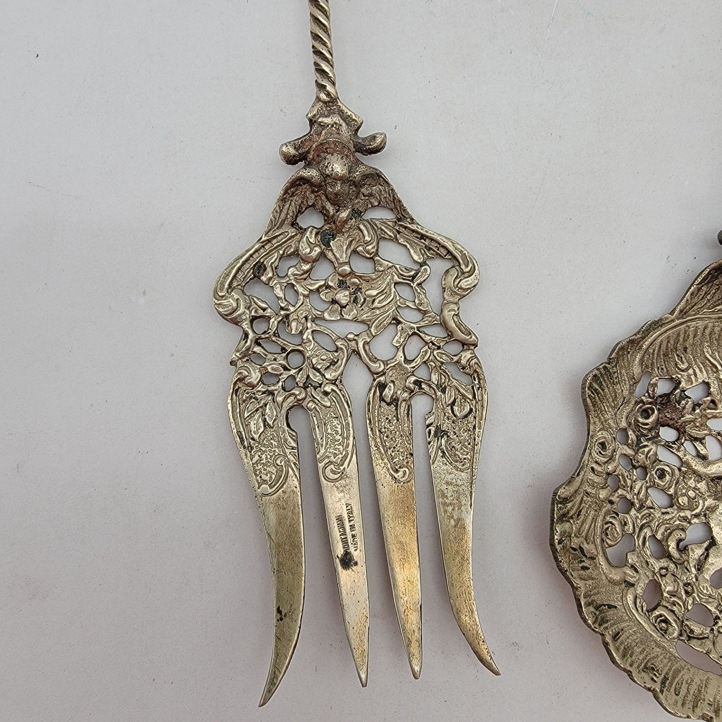 Vintage Ornate Cherub Serving Fork & Spoon Set Made In Italy