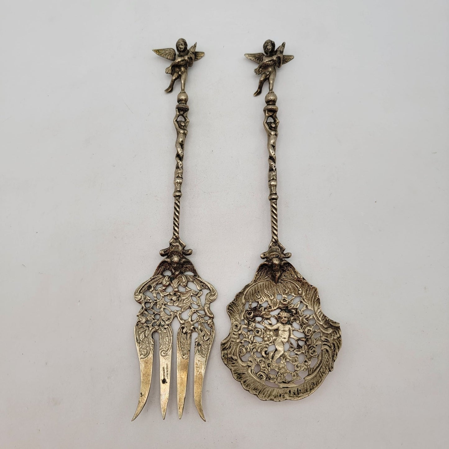 Vintage Ornate Cherub Serving Fork & Spoon Set Made In Italy