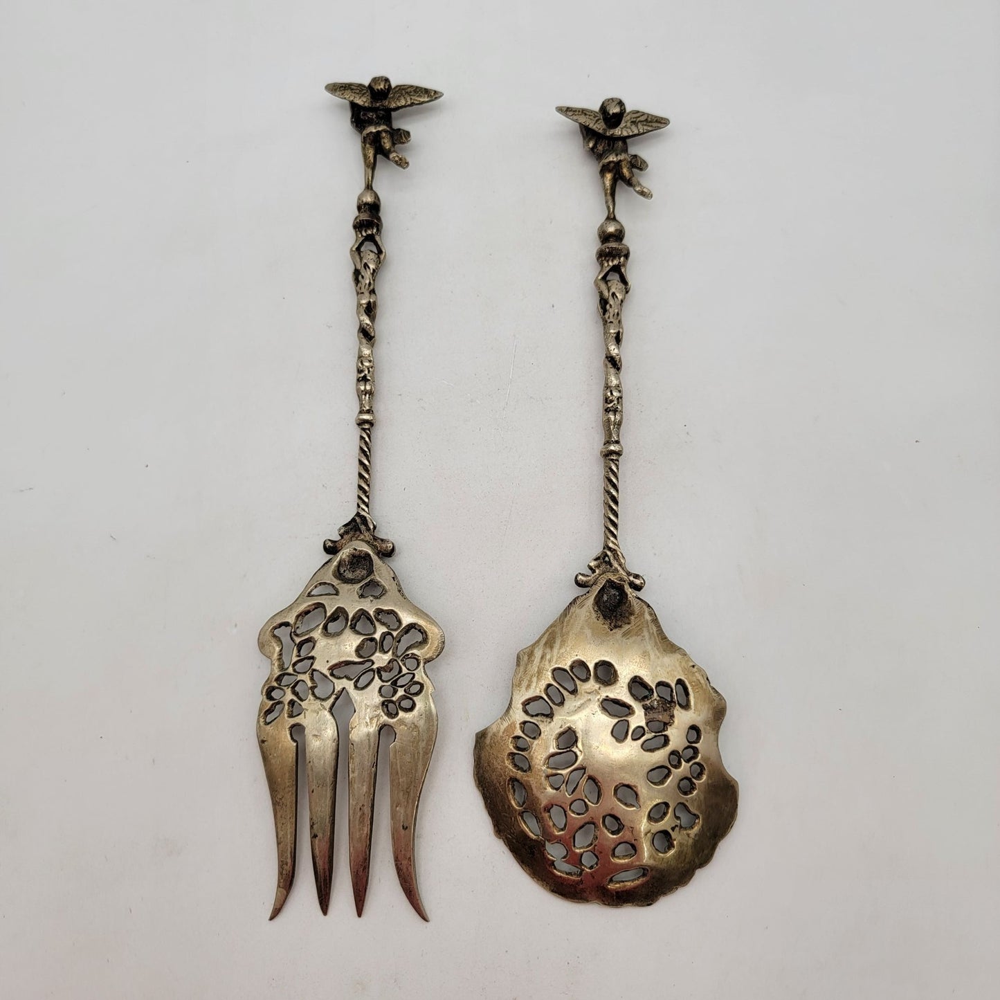 Vintage Ornate Cherub Serving Fork & Spoon Set Made In Italy