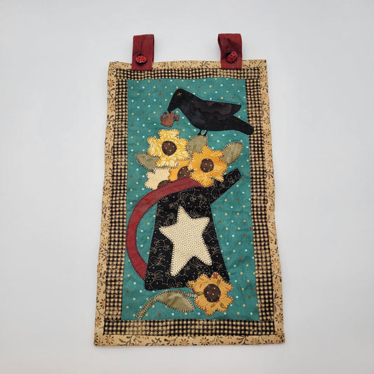 Folk Art Quilted Wall Hanging Crow & Sunflowers