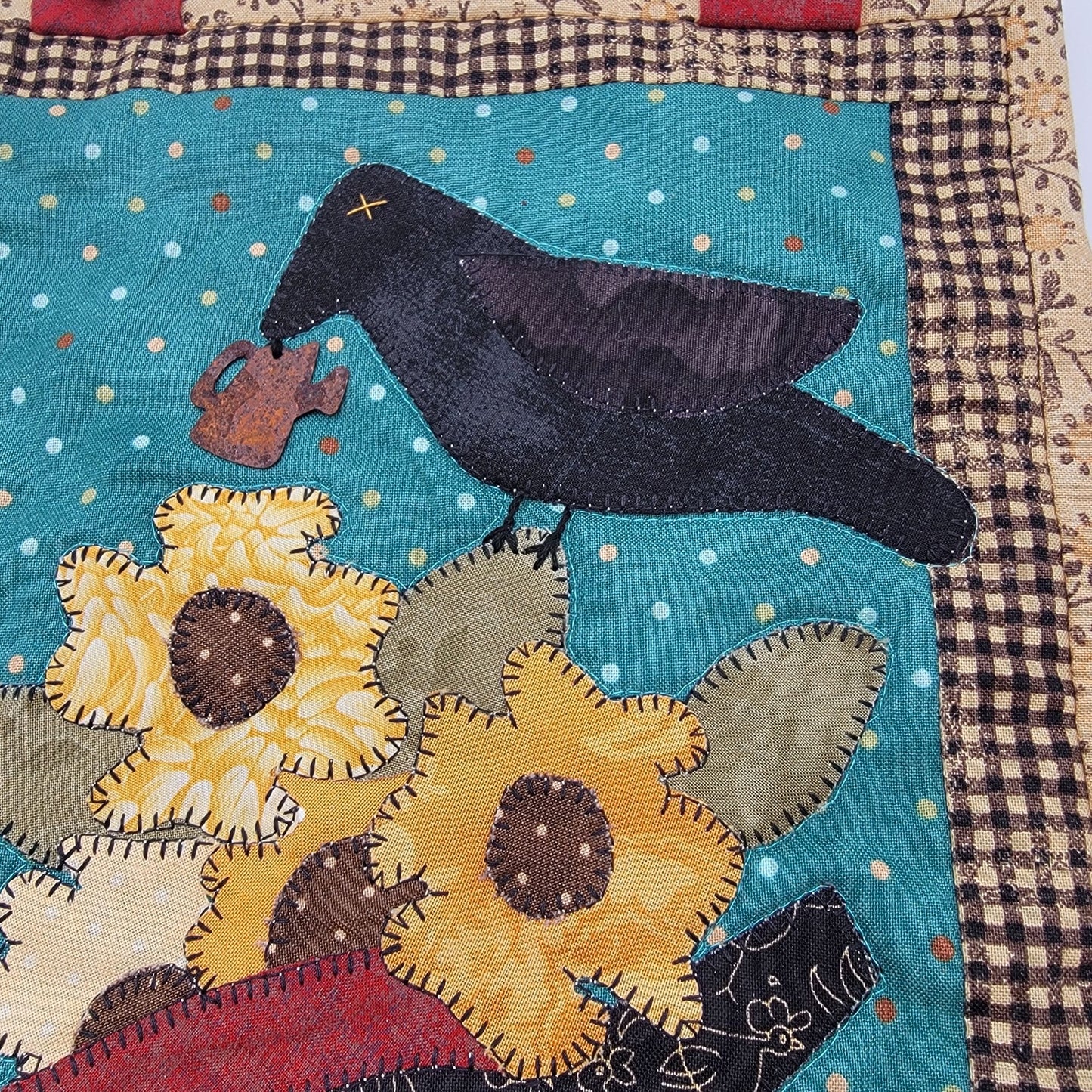 Folk Art Quilted Wall Hanging Crow & Sunflowers