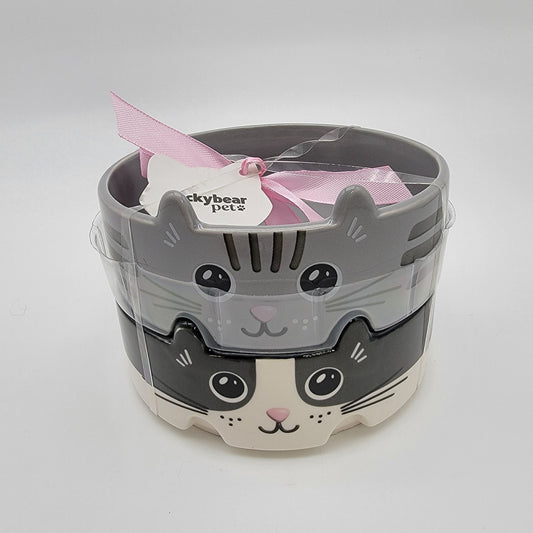 Rockybear Pets Cat Bowls Set Of 2 Grey & Black With Cute Cat Design - NEW