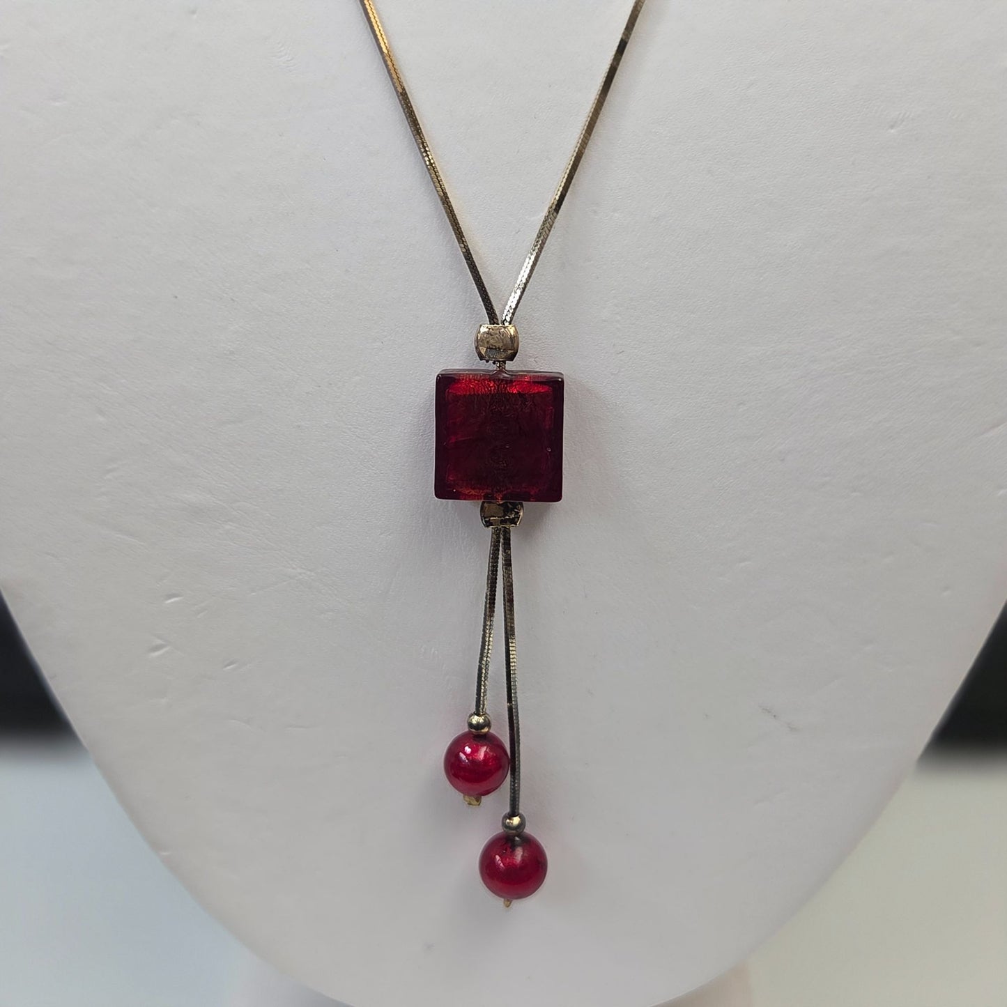 Vintage Red Dichroic Art Glass Pendant Necklace 18"