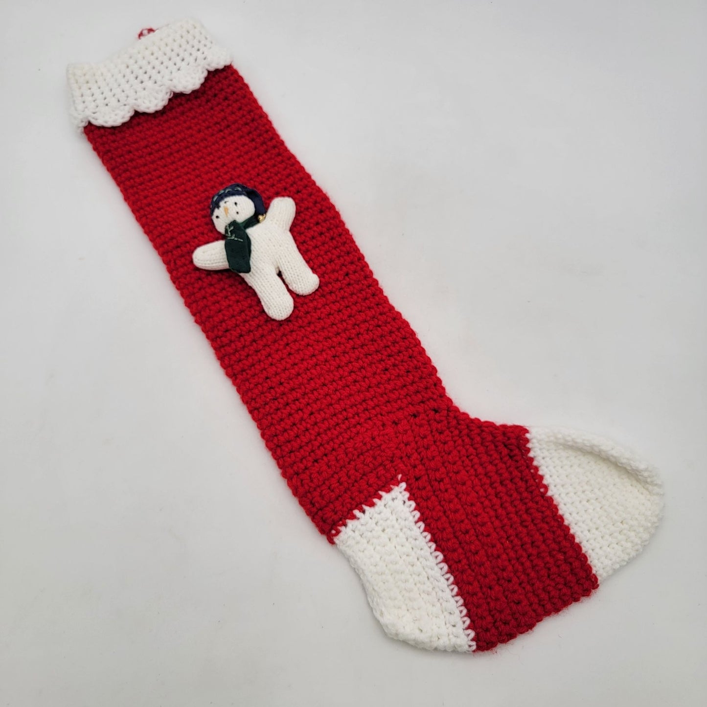 Vintage Hand-Crocheted Snowman Christmas Stocking Red & White